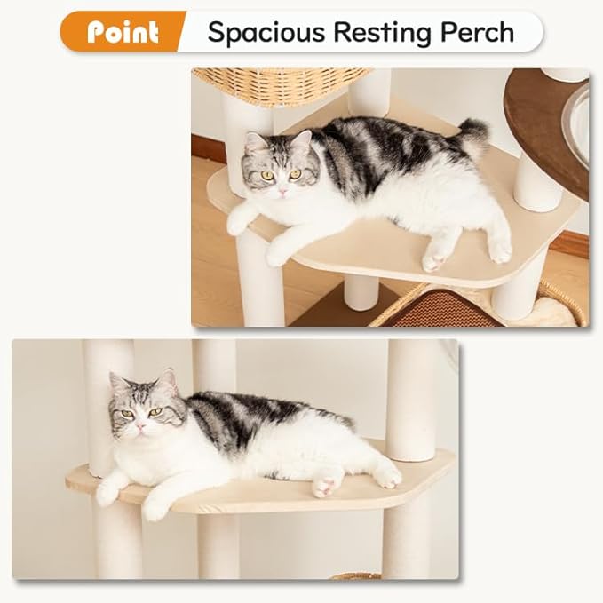 Modern Cat Tree for Large Cat, 48-Inch Tall Cat Tower with Scratching Post for Indoor Cats, Multi-Level Cat Condo with Hand-Woven Cat Bed and Acrylic Bowl