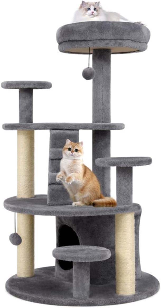 40" Multi-Level Cat Tree for Munchkin & Old Cats - Stable Wide Base, Soft Padded Perch + Large Condo (Grey)
