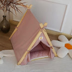 Solid Wood Cat & Dog Indoor Tent with Thick Mat, Teepee Tent & Cave Bed (Pink)