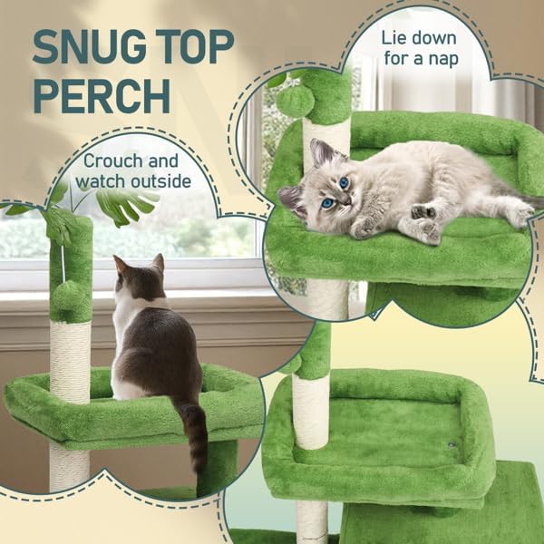 36in Leafy Cat Tower, Multi-Level Cat Tree with Condo and Scratching Posts, Plush Bed, Jungle Design Cat Furniture with Dangling Toy Ball, Cozy Pet Playground for Kittens and Small Indoor Cats, Green