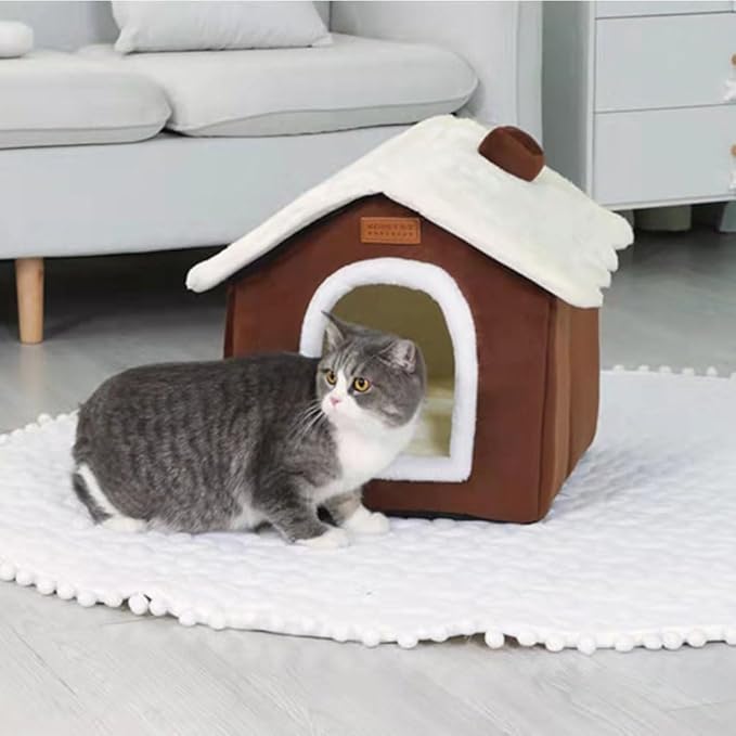 Christmas Cat Bed for Indoor Cats Plaid Xmas Cat Tent Cats Bed Cave for Pets Kittens and Dogs (Coffee, S(15.7 X 12.6 X 13.8 Inch))