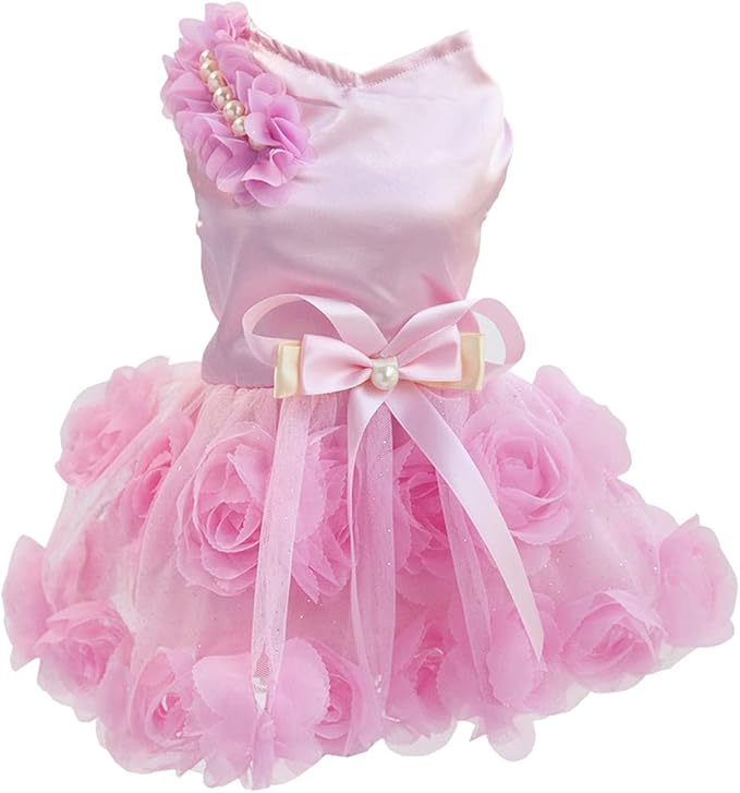 Dog Dress Luxury Puppy Skirt Clothes Princess Dresses Wedding Evening Tutu Skirt Rose Flower Bowknot Dresses for Small Dog Girl L Pink
