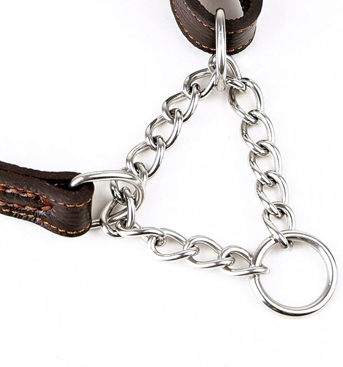 Love Dream Martingale Collars for Dogs, Genuine Leather Training Dog Collar, Stainless Steel Chain Anti-Escape No Pull Dog Collar for Medium Large Dogs (L(15.7"-20.9"), Brown)