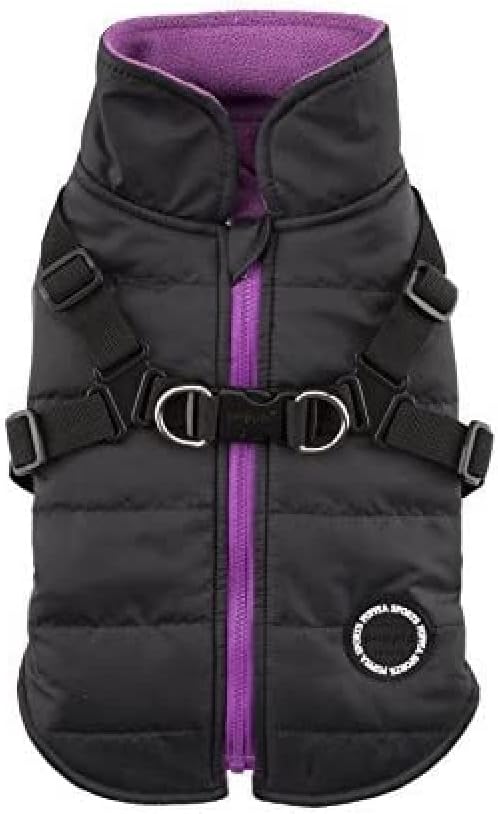 Puppia Mountaineer Winter Dog Coat with integrated harness No Pull Cold Weather Waterproof Warm Fleece Back Zipper for Small & Medium Dog, BLACK, X-Large
