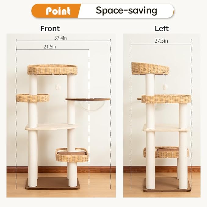 Modern Cat Tree for Large Cat, 48-Inch Tall Cat Tower with Scratching Post for Indoor Cats, Multi-Level Cat Condo with Hand-Woven Cat Bed and Acrylic Bowl