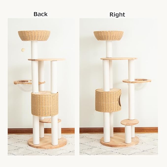 Wood Cat Tree for Large Cat, 57-Inch Tall Cat Tower with Scratching Post for Indoor Cats, Multi-Level Cat Condo with Hand-Woven Cat Bed and Acrylic Bowl Easy to Clean