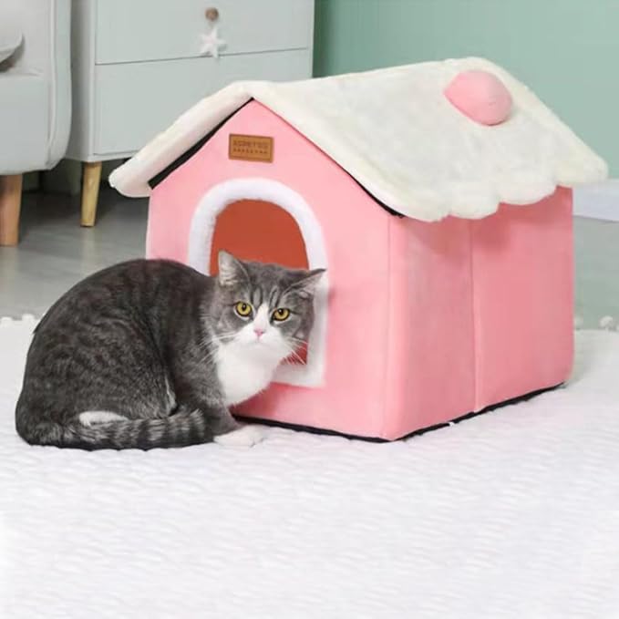 Christmas Cat Bed for Indoor Cats Plaid Xmas Cat Tent Cats Bed Cave for Pets Kittens and Dogs (Pink, M(18.1 X 14.6 X 15.7 Inch))