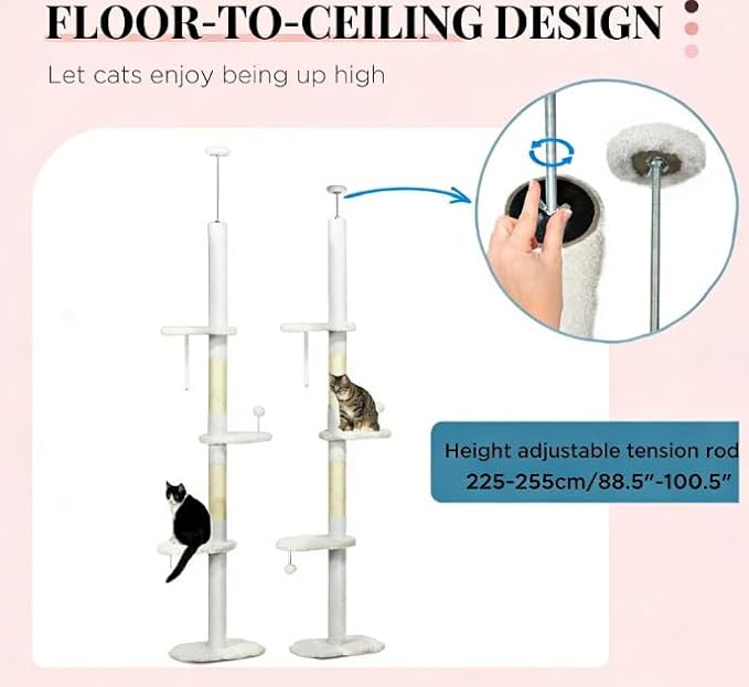 Floor-to-Ceiling Cat Tree, White, 19x12.5x100.5 Inches, All Breed Sizes, Climbing and Cuddling, Particle Board with Sisal, Floor Mount