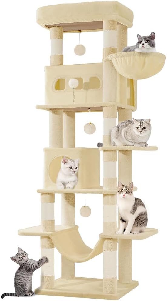 Cat Tree for Indoor Cats, 69.9 Inch Large Tall Cat Tower, Multi-Level Cats House with Condo, 8 Scratching Posts, Hammock, 4 Pom Poms, Beige MS17018YL