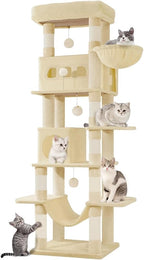 Cat Tree for Indoor Cats, 69.9 Inch Large Tall Cat Tower, Multi-Level Cats House with Condo, 8 Scratching Posts, Hammock, 4 Pom Poms, Beige MS17018YL