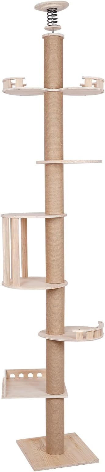 5 Tier Cat Tree Tower Adjustable Height Cat Shelves Multifunctional Modern Cat Furniture Indoor Wood Cat Tower Tree Wall with Sisal Scratching Climbing Posts,Space-Saving,100.4-104.3" (H)
