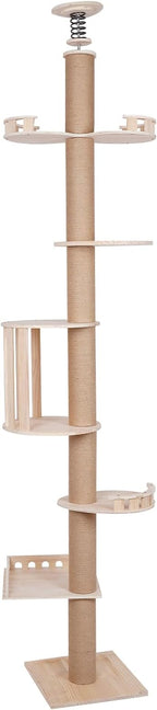 100.4-104.3" Tall Multi-Tier Wood Cat Tower Tree Wall with Sisal Scratching Climbing Posts, Adjustable Height Floor to Ceiling Cat Tree for Indoor Cats Climbing Tower Activity Wood Cat Wall Furniture