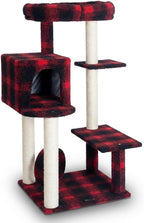 Multi-Level Cat Tree with Condo and Scratching Posts, Red Buffalo Plaid, 50 Inch Height, Sisal Rope Posts, Activity Center with Tunnel and Perches