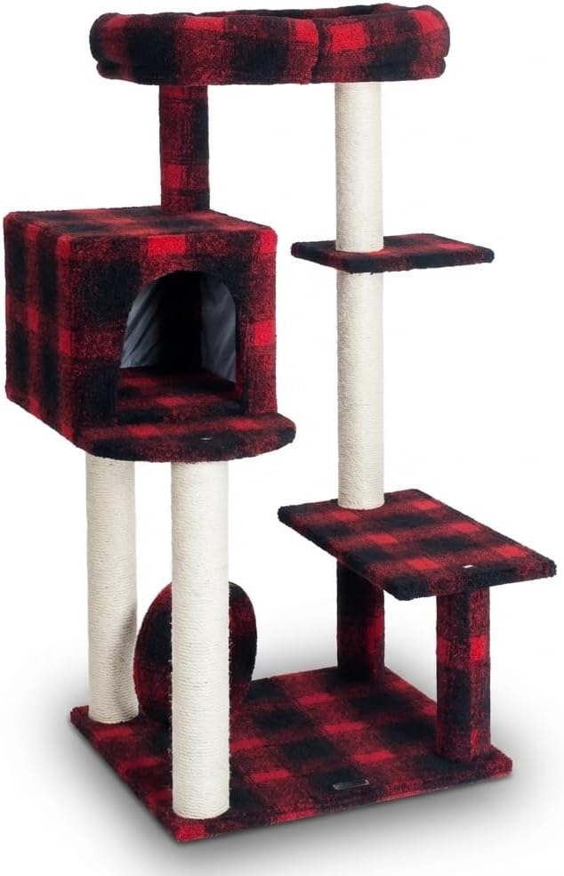 Multi-Level Cat Tree with Condo and Scratching Posts, Red Buffalo Plaid, 50 Inch Height, Sisal Rope Posts, Activity Center with Tunnel and Perches