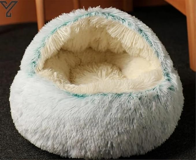 Cat Bed Round Fluffy Hooded Cat Bed Cave, Anti-Anxiety Cave Bed with Hooded Blanket, Cozy Cuddler Luxury Puppy Pet Bed, Anti-Slip Bottom and Machine Washable (Green, Large)