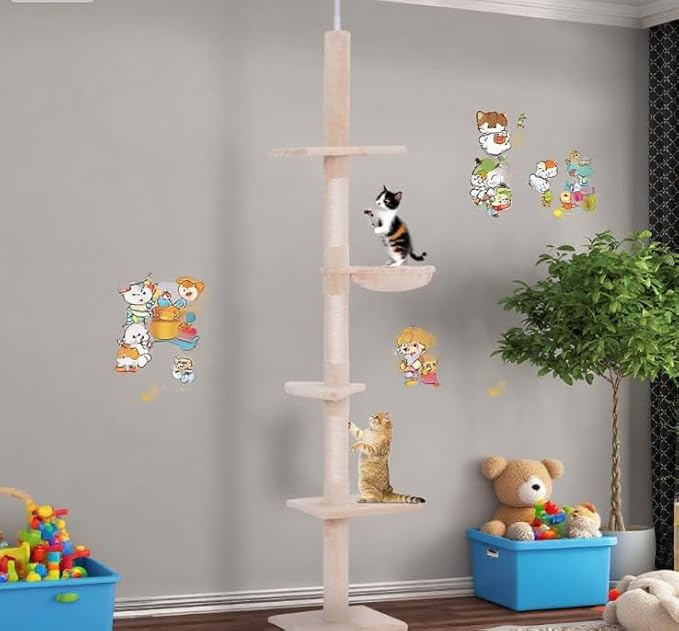 Road Cat Tree, Floor to Ceiling Cat Tower with Adjustable Height(90.5-102.25 Inches), 5 Level Cat Climbing Tower with Cozy Hammock, Platforms for Indoor Cats (Beige)