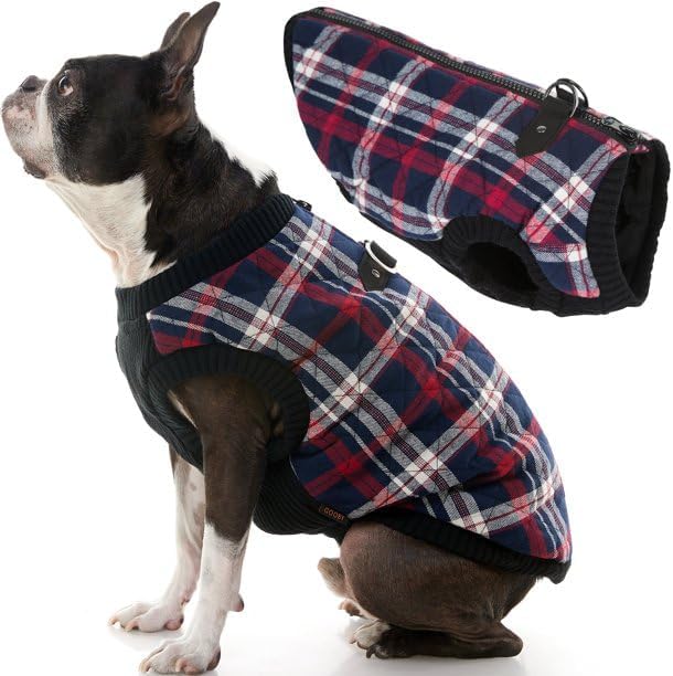 Gooby Fashion Vest Check Dog Jacket - White Check, Large - Warm Zip Up Bomber Vest with Dual D Ring Leash - Winter Water Resistant Small Dog Sweater