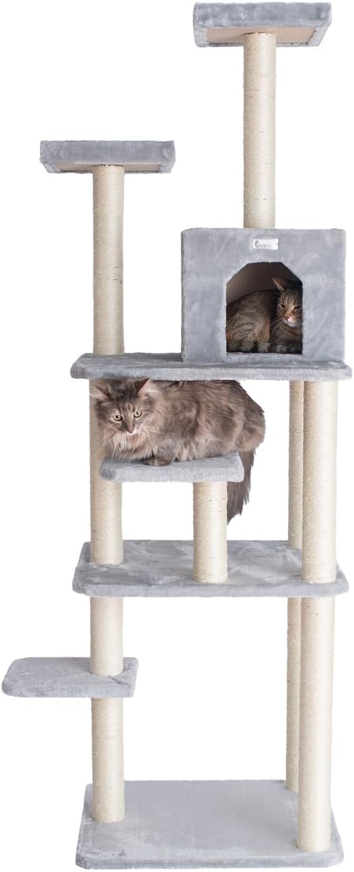 Cat Tree 74" - 7 Level Faux Fur Tower with Playhouse & Perches - Easy Assembly
