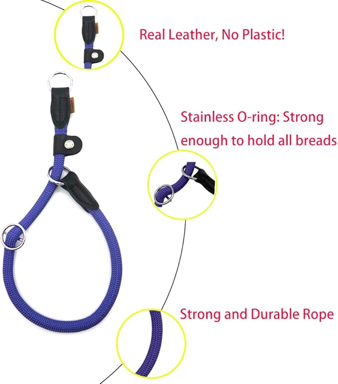 Braided Round Martingale Dog Collar, Training Collar with Slidable Stop Ring and Adjustable Stopper - Ideal for Large Dogs (L(1/2") - 20" Long, Purple)