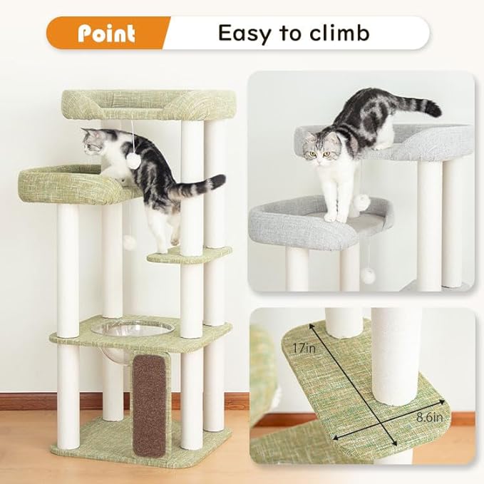 Mordern Cat Tree Tower, Freestanding, Cushioned Bed, Large Base, for Multiple Cats, Compact,Winter and Summer Use, Summer Mat Included, for Large Cats (Olive Green, Height 135cm)