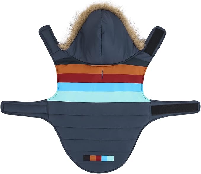 HDE Dog Puffer Jacket Fleece Lined Warm Dog Parka Winter Coat with Harness Hole Navy Retro Stripe - M