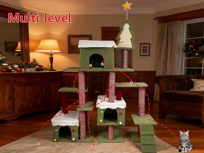 Christmas Cat Tree Tower for Indoor Cats, Holiday Themed Cat Furniture with Cozy Hideaways & Sisal Scratching Posts, Multi-Level Playground for Climbing and Napping (75''-AA)