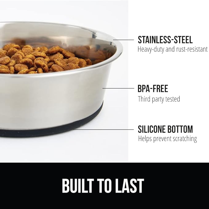 GORILLA GRIP Dog Bowl, Holds 6 Cups (48 fl oz), Food Grade 304 Stainless Steel Food and Water Bowl for Feeding Dogs and Cats, BPA Free Rubber Base, Easy Clean, Dishwasher Safe, Rust Resistant, Black