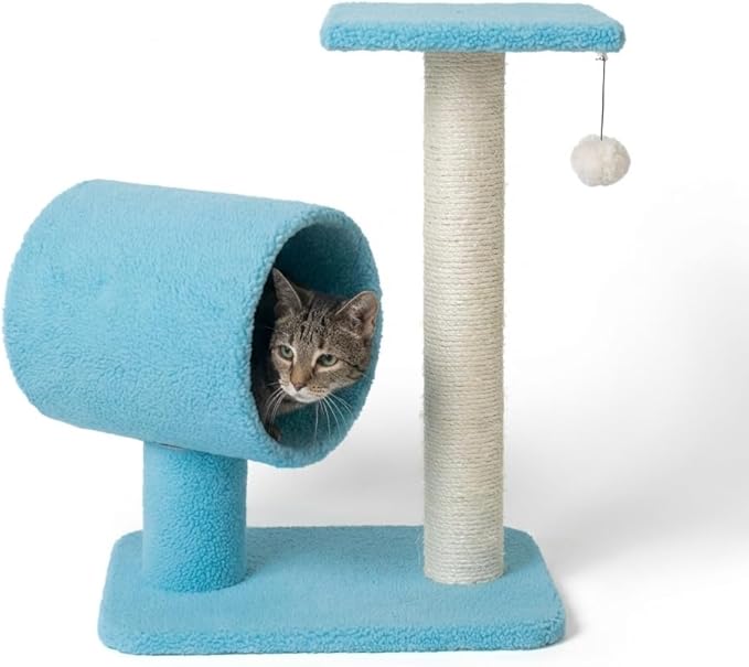 Cat Tree with Scratching Post and Tunnel, Blue Velvet, Natural Sisal Post, 24x14x26 Inches, with Hanging Toy Ball
