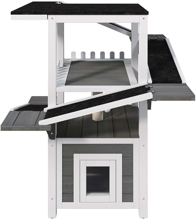 4-Tier Outdoor Cat Tree with Shelter, Wooden Cat Tower with Scratching Post, Cat Outdoor Enclosure, Weatherproof Roof, Easy Assembly, Pine (Grey+White)