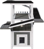 4-Tier Outdoor Cat Tree with Shelter, Wooden Cat Tower with Scratching Post, Cat Outdoor Enclosure, Weatherproof Roof, Easy Assembly, Pine (Grey+White)