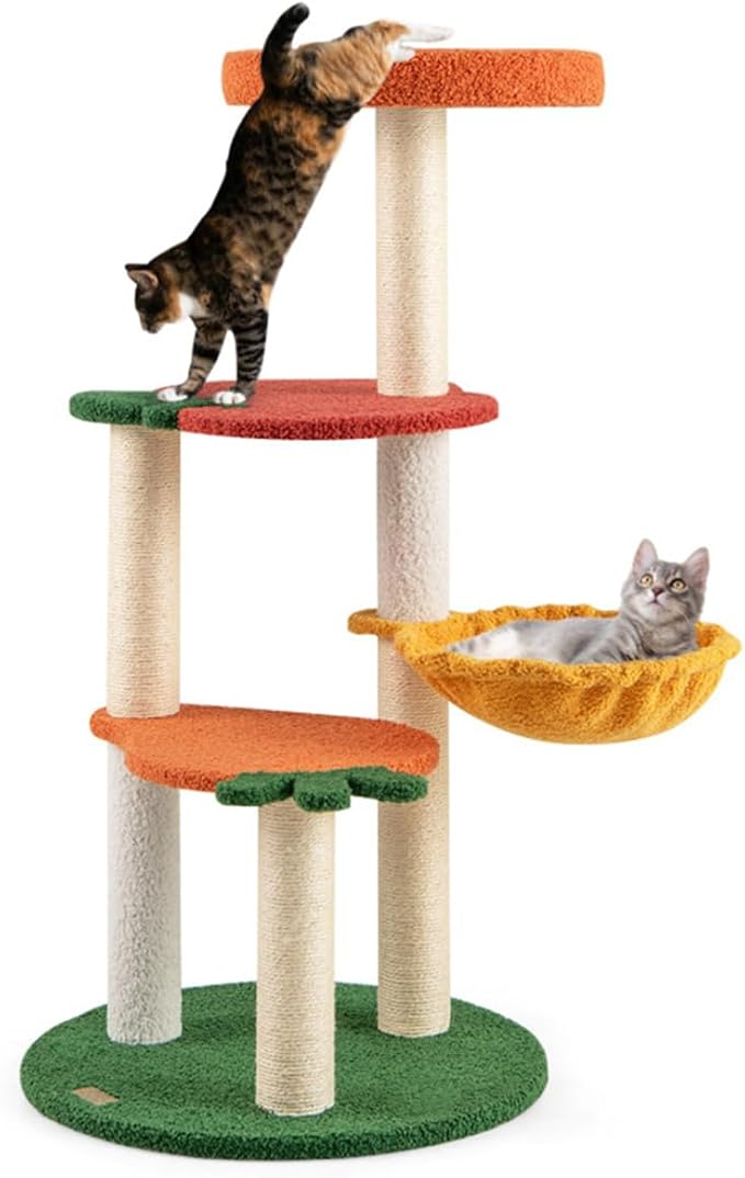 Fruit-Themed Cat Tree | Multi-Storey Cat Apartment + Rotating Hammock | Sisal Grab Pole | Teddy Plush Cat Bed | 39-Inch Pet Activity Center