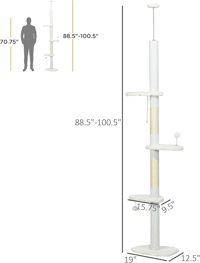 Floor to Ceiling Cat Tree, Adjustable 88.5”–100.5” Tall Cat Tower for Indoor Cats, Space-Saving Vertical Cat Furniture with Scratching Posts & Perches, Stable Tension Rod Design, White