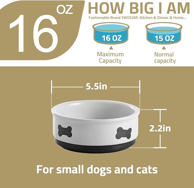 Sweejar Ceramic Dog Bowls with Bone Pattern, Dog Food Dish for Small Dogs, Porcelain Pet Bowl for Water 16 Fl Oz (Pink)