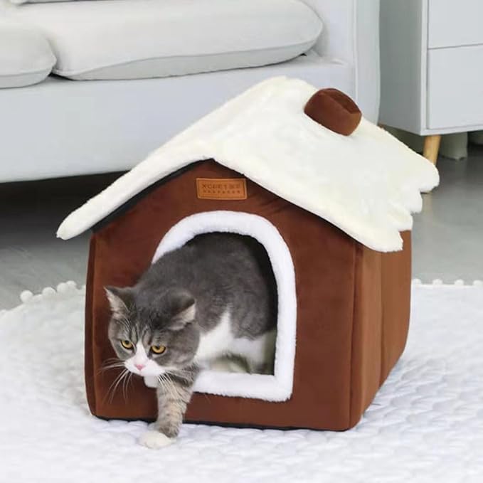 Christmas Cat Bed for Indoor Cats Plaid Xmas Cat Tent Cats Bed Cave for Pets Kittens and Dogs (Coffee, L (20.5 X 17 X 19.7 Inch))