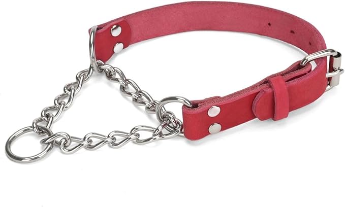 Martingale Collar for Dogs No-Pull Adjustable Training Collar with Stainless Steel Chain - Genuine Leather Anti-Slip Design for Small,Medium,Large Breed Dogs - Red (L)