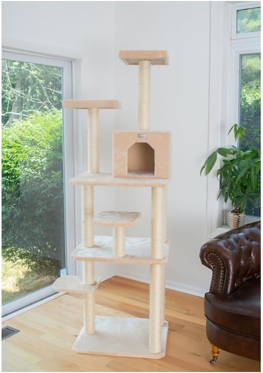 Maykoosh 74" Cat Tree - 7 Level Condo, 2 Perches, Playhouse & Faux Fur