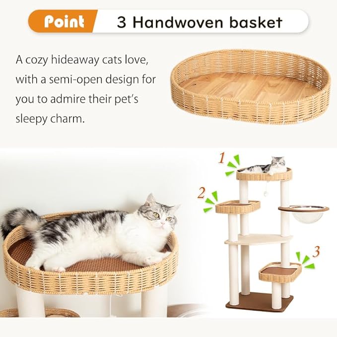 Modern Cat Tree for Large Cat, 48-Inch Tall Cat Tower with Scratching Post for Indoor Cats, Multi-Level Cat Condo with Hand-Woven Cat Bed and Acrylic Bowl