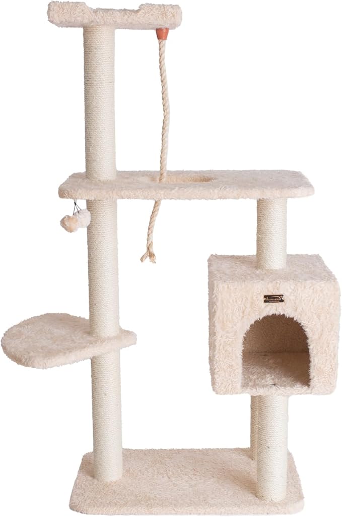Cat Tree - Beige Faux Fur - 40" Tall - Playhouse, Ramp & Perch - 40 lb Weight Capacity