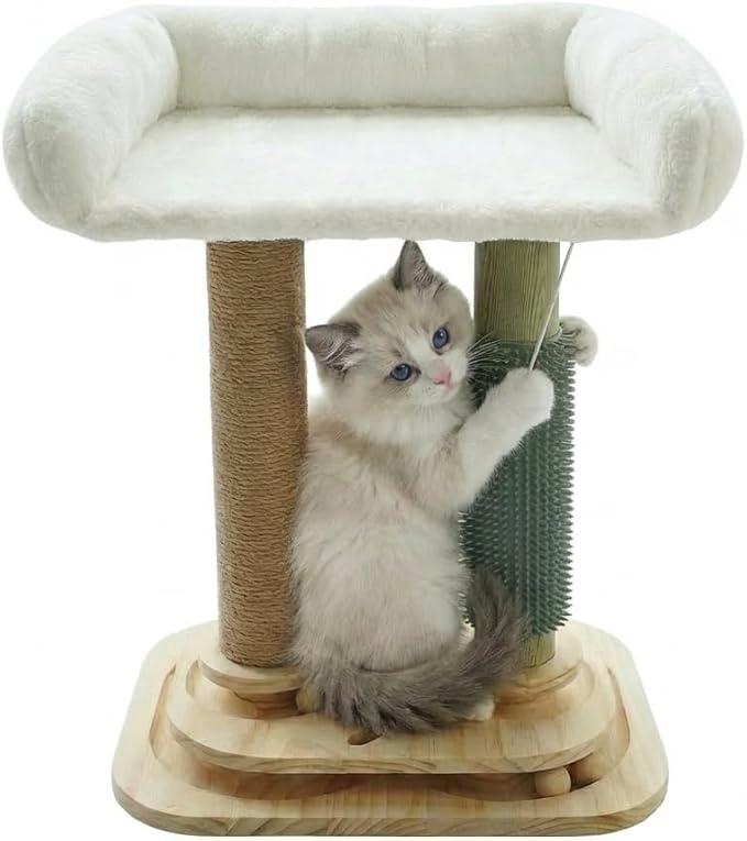 4-in-1 Small Cat Tower with Bed for Kittens, Cat Tree with Cat Self Groomer Brush, Track Balls, Natural Sisal Cat Tower with Interactive Toy, Scratching Post for Indoor Cats