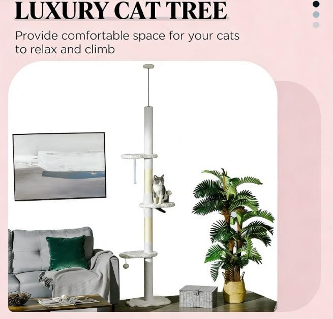 Floor-to-Ceiling Cat Tree, White, 19x12.5x100.5 Inches, All Breed Sizes, Climbing and Cuddling, Particle Board with Sisal, Floor Mount