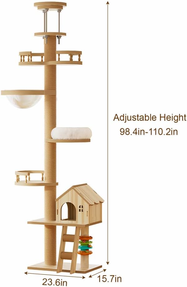 Stylish Wooden Cat Tree Tower for Indoor Cats, Featuring Sisal Scratching Posts, Cozy Hammock, Elevated Perch and Sturdy Base Design (Natural+White + MDF-3)