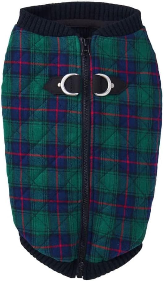 Gooby Fashion Vest Check Dog Jacket - Green Check, Large - Warm Zip Up Bomber Vest with Dual D Ring Leash - Winter Water Resistant Small Dog Sweater