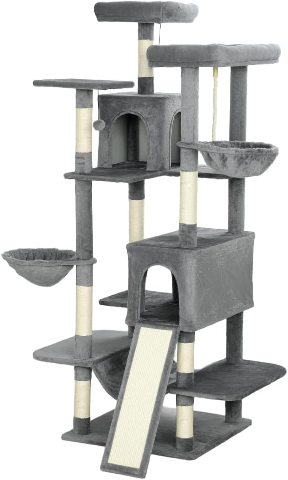 Premium Cat Tree Tower with Scratching Posts, Cozy Condos, and Hammock for Indoor Cats – Stylish Vertical Play Center (Dark Gray + Cotton + Particle Board)