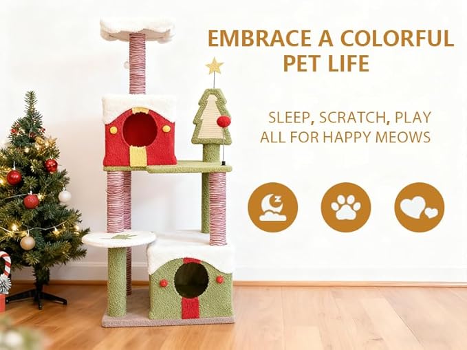 Christmas Cat Tree Tower for Indoor Cats, Holiday Themed Cat Furniture with Cozy Hideaways & Sisal Scratching Posts, Multi-Level Playground for Climbing and Napping (54''-AA)