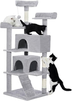 56-Inch Multi-Level Cat Tree Tower for Indoor Cats with 2 Condos, Scratching Posts & Hanging Toys – Large Cat Activity Center Furniture, Light Gray