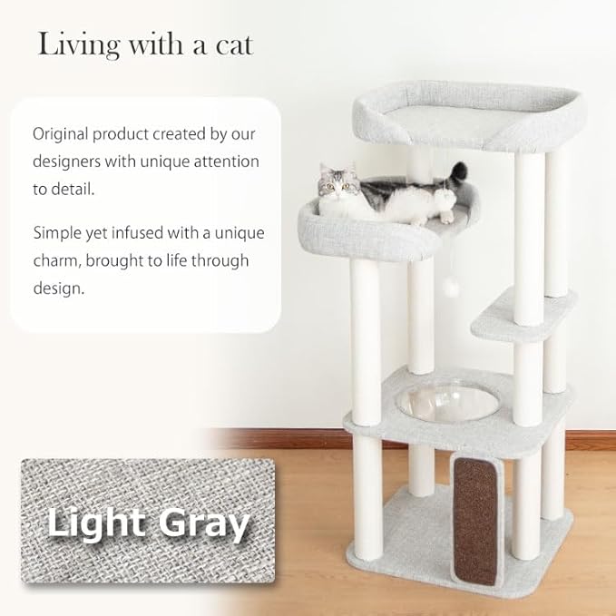 Mordern Cat Tree Tower 53'', Freestanding, Cushioned Bed, Large Base, for Multiple Cats, Compact,Winter and Summer Use, Summer Mat Included, for Large Cats (Light Gray 135cm)