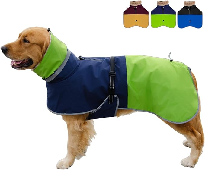 Waterproof Dog Winter Coat, Reflective Turtleneck Fleece Jacket with Snow Protection for Large Dogs, Cold Weather Pet Clothing (Green, XL)