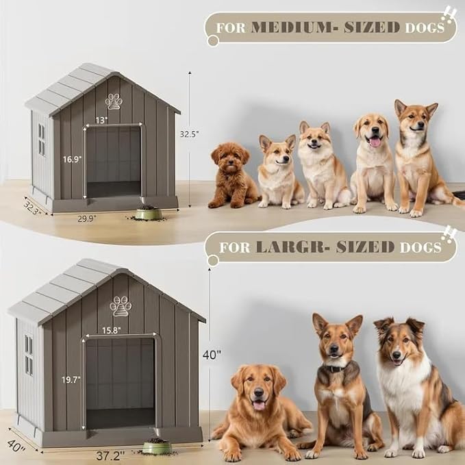 Bifanuo Dog House for Outdoor & Indoor Use with Window, Waterproof Ventilated Kennel with Elevated Floor, Easy to Clean Shelter for Small Medium Large Dogs (Grey, 37.2" L x 40" W x 40" H)