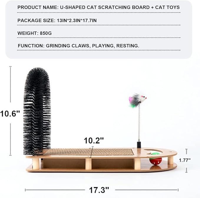 Cat Scratching Board with Cat Arch Self Groomer and Kitty Ball Toys, Cat Scratcher Cardboard for Indoor Cats, Eco-Friendly Wood, Durable, Stable and Non-Slip, Kitten Scratcher Pad (U-Shaped)
