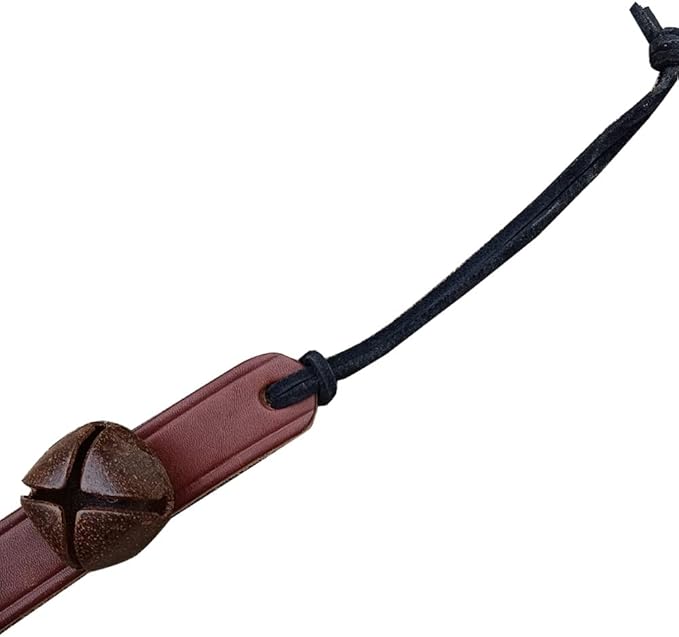 Rustic Red Door Co. Hanging Jingle Sleigh Bells on Leather Strap for Door Knob, Dog to Go Outside, Pet Puppy Potty Training, Christmas Decor, 4 Vintage Finish Bells, 14" Straip, Brown